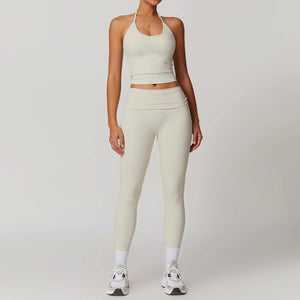 Sexy Halter Backless Crop Yoga Top Folded High Waist Leggings Sexy Halter Backless Crop Yoga Top Folded High Waist Leggings