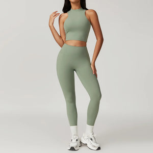 Logo Ladies Slim Fit Workout 2 Piece Set Crop Tank Top Leggings Logo Ladies Slim Fit Workout 2 Piece Set Crop Tank Top Leggings