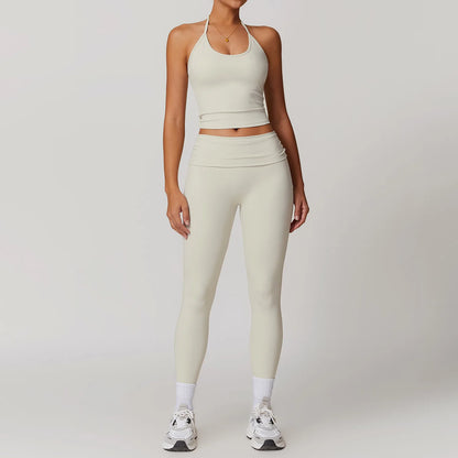 Sexy Halter Backless Crop Yoga Top Folded High Waist Leggings