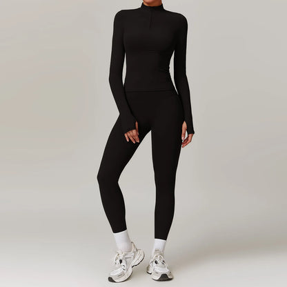 Workout Slim Fitting Stand Collar Half Zipper Jacket Leggings