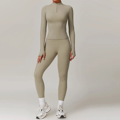 Workout Slim Fitting Stand Collar Half Zipper Jacket Leggings