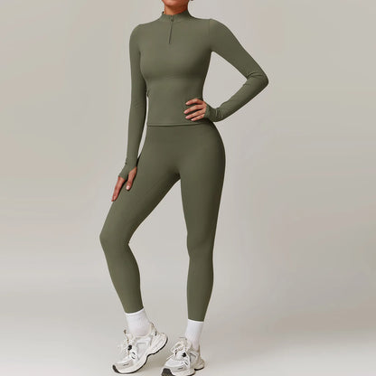 Workout Slim Fitting Stand Collar Half Zipper Jacket Leggings