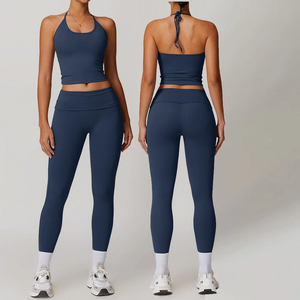 Sexy Halter Backless Crop Yoga Top Folded High Waist Leggings