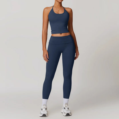 Sexy Halter Backless Crop Yoga Top Folded High Waist Leggings