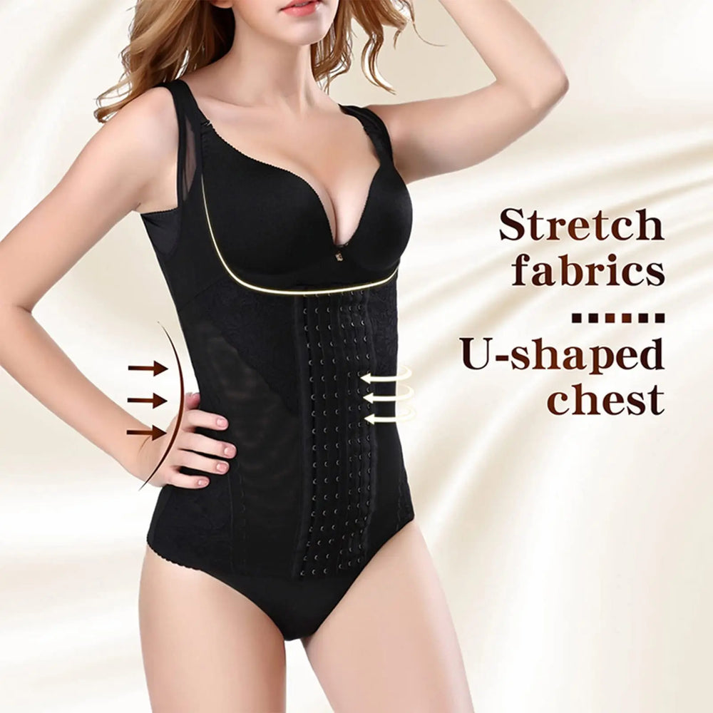 Women's Waist Trainer Corset with 6 Rows Hooks Lace Ventilate Vest